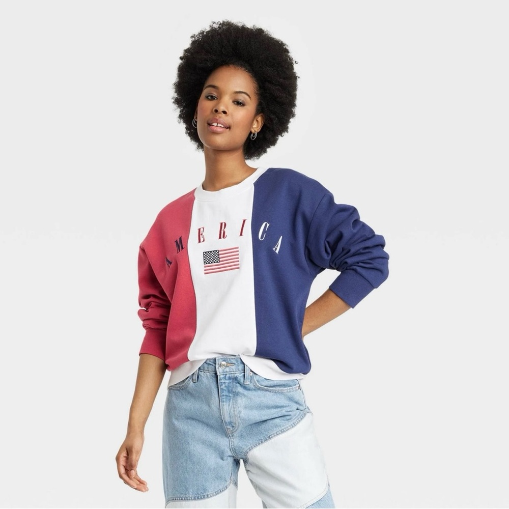 NWT Americana Color Block Sweatshirt Embroidered Flag America Isaac Morris LTD M